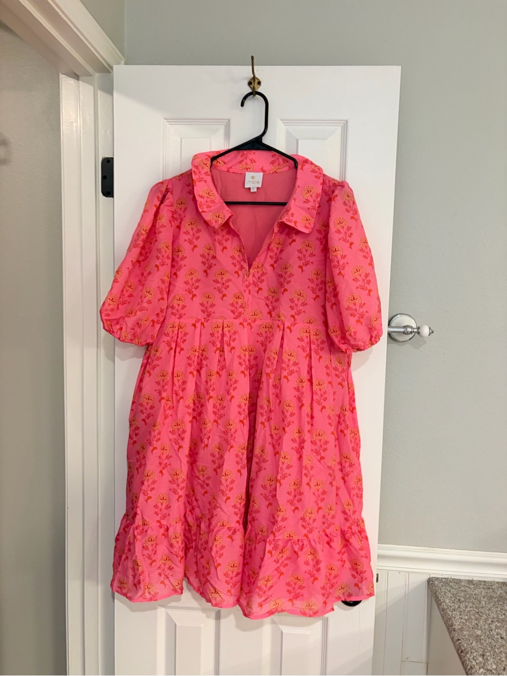J.Marie Ella Ann Floral Babydoll Dress L Pink Orange Peter Pan Collar